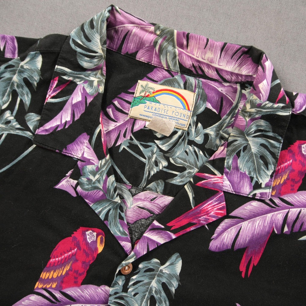 Vintage Magnum PI Paradise Found Tropical Parrot Palm Leaf Men Shirt XXL Black